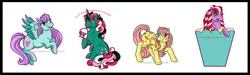 Size: 1280x385 | Tagged: safe, artist:honeykitten, derpibooru import, blueberry punch, caramel crunch, fizzy, munchy, peppermint crunch, earth pony, pegasus, pony, twinkle eyed pony, unicorn, g1, simple background, white background