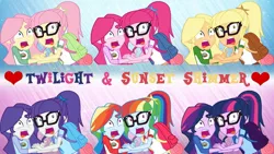 Size: 1280x720 | Tagged: artist needed, source needed, useless source url, safe, derpibooru import, applejack, fluttershy, pinkie pie, rainbow dash, rarity, sci-twi, sunset shimmer, twilight sparkle, equestria girls, implied lesbian, implied scitwishimmer, implied shipping, implied sunsetsparkle, mane six, palette swap, recolor