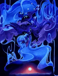 Size: 913x1200 | Tagged: safe, artist:fleebites, derpibooru import, princess luna, alicorn, pony, constellation, crying, falling, female, mare, moon, solo, space, stars, traditional art