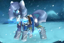 Size: 1080x720 | Tagged: safe, artist:tigra0118, derpibooru import, oc, oc:ren, unofficial characters only, earth pony, pony, undead, armor, chest fluff, female, glowing eyes, mare, skull, snow, solo, warcraft, world of warcraft