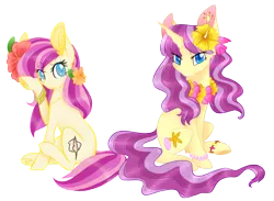 Size: 2050x1500 | Tagged: safe, artist:emypony, derpibooru import, oc, oc:kihei shore, oc:lahaina shore, unofficial characters only, earth pony, pony, unicorn, accessories, flower, flower in hair, hawaii, hawaiian, hawaiian flower in hair, simple background, transparent background