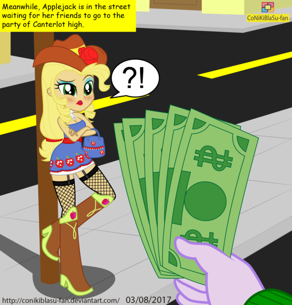 Size: 1401x1463 | Tagged: suggestive, artist:conikiblasu-fan, derpibooru import, applejack, microchips, eqg summertime shorts, equestria girls, make up shake up, applejewel, bare shoulders, blushing, breasts, cleavage, clothes, comic sans, dollars, dress, exclamation point, fishnets, fistful of yen, implied prostitution, interrobang, misunderstanding, money, pervert, purse, question mark, sleeveless, solo focus, strapless