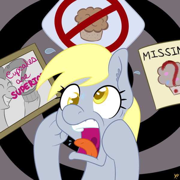 Size: 2000x2000 | Tagged: safe, artist:yakoshi, derpibooru import, derpy hooves, pinkie pie, earth pony, pegasus, pony, cupcake, female, food, mare, muffin, newbie artist training grounds, open mouth, panic, screaming, sign, solo, the twilight zone