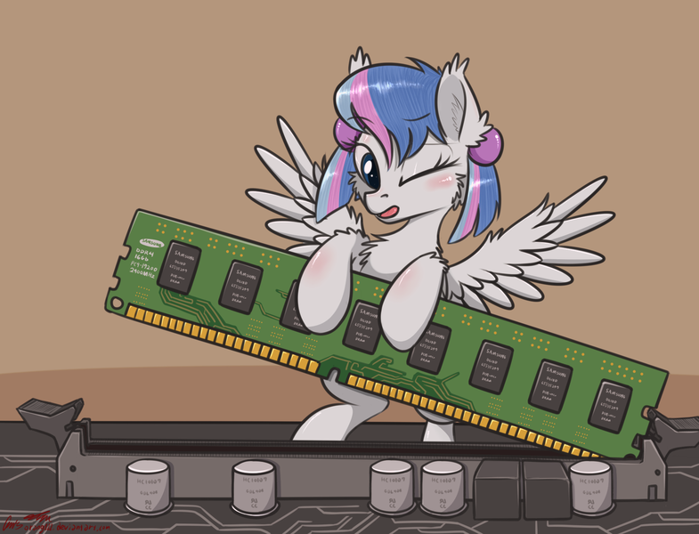 Size: 1675x1281 | Tagged: safe, artist:orang111, derpibooru import, oc, oc:skylake, ponified, unofficial characters only, pegasus, pony, assembly, computer, cpu, cpu pony, intel, intel skylake, micro, motherboard, random access memory, samsung, solo