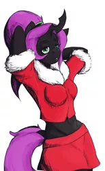 Size: 560x909 | Tagged: anthro, arm behind head, artist:chryssir69, changeling, changeling oc, christmas, christmas changeling, clothes, derpibooru import, holiday, horn, midriff, oc, oc:violet nebula, ponytail, purple changeling, safe, simple background, skirt, unofficial characters only, white background