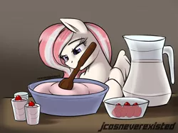 Size: 800x600 | Tagged: safe, artist:jcosneverexisted, derpibooru import, oc, oc:milk drop, unofficial characters only, pegasus, pony, female, food, ice cream, mare, mouth hold, pitcher, solo, stirring, strawberry, wooden spoon