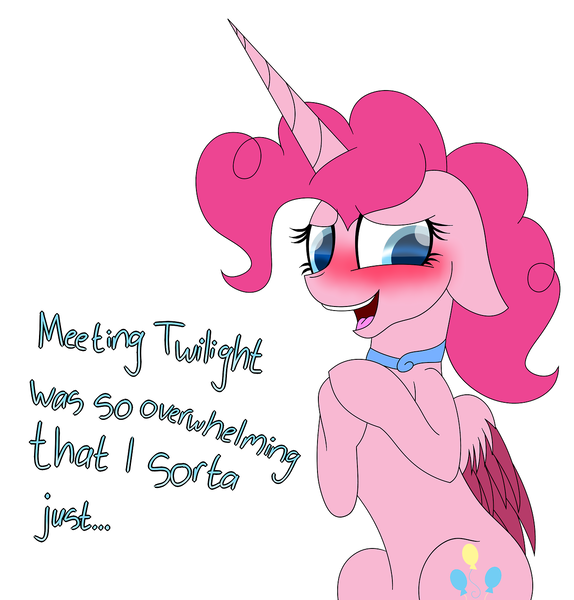 Size: 1280x1339 | Tagged: safe, artist:tomboygirl45, derpibooru import, pinkie pie, alicorn, pony, princessponk, alicornified, ask, blushing, colored wings, dialogue, floppy ears, multicolored wings, pinkiecorn, race swap, simple background, smiling, solo, tumblr, white background, xk-class end-of-the-world scenario