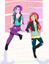 Size: 3000x3900 | Tagged: safe, artist:super-donutsini, derpibooru import, starlight glimmer, sunset shimmer, equestria girls, mirror magic, movie magic, spoiler:eqg specials, beanie, boots, breasts, cleavage, clothes, colored pupils, cutie mark, duo, equal cutie mark, female, food, hat, high heel boots, human coloration, ice cream, jacket, looking at each other, shirt, shoes, sitting, tattoo, vest