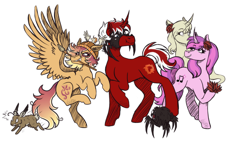 Size: 1927x1192 | Tagged: safe, artist:kikirdcz, derpibooru import, oc, oc:daylight fire, oc:sophie violin, oc:sunrise skies, unofficial characters only, pegasus, pony, spider, unicorn, curved horn, don't starve, fear, female, flower, helmet, hoers, hunting, imminent death, male, mare, mask, simple background, spear, stallion, transparent background, weapon, webber, wendy (don't starve), wigfrid