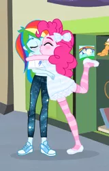 Size: 548x856 | Tagged: safe, artist:unoriginai, derpibooru import, applejack, pinkie pie, rainbow dash, vinyl scratch, equestria girls, bow, clothes, converse, cute, dashabetes, diapinkes, eyes closed, female, kissing, lesbian, lockers, pinkiedash, plushie, shipping, shoes, sneakers, socks, striped socks