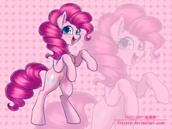 Size: 4000x3000 | Tagged: safe, artist:foxcarp, derpibooru import, pinkie pie, earth pony, pony, abstract background, chest fluff, cute, diapinkes, female, happy, looking at you, mare, open mouth, rearing, smiling, solo, zoom layer