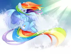 Size: 1397x1062 | Tagged: safe, artist:madacon, derpibooru import, rainbow dash, pegasus, pony, atg 2017, color porn, crepuscular rays, female, mare, newbie artist training grounds, solo, underhoof