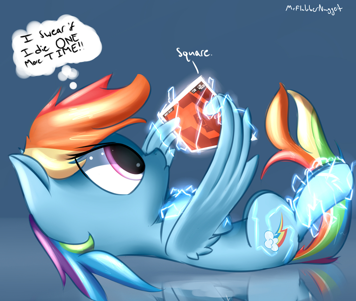 Size: 2600x2200 | Tagged: safe, artist:a8f12, derpibooru import, rainbow dash, pegasus, pony, backwards cutie mark, electricity, female, gaming, impatient, magic, mare, solo, super hexagon, tablet, wing hands, wings