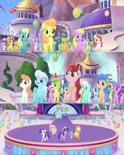 Size: 850x1062 | Tagged: safe, derpibooru import, screencap, amethyst star, apple fritter, applejack, cantaloupe (character), chocolate apple, cornsilk, dawn sunrays, fluttershy, linky, lyra heartstrings, melody star, nougat praliné, rainbow dash, rarity, shoeshine, spike, toadstool blossom, twilight sparkle, twilight sparkle (alicorn), unnamed pony, wind whistler (g4), alicorn, dragon, earth pony, pegasus, pony, unicorn, my little pony: the movie, apple family member, background pony, balloon, canterlot, clones, crowd, female, male, mare, stage, stallion