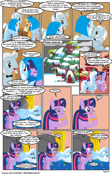 Size: 792x1224 | Tagged: safe, artist:dekomaru, artist:raimundo1941, derpibooru import, applejack, rainbow dash, trixie, twilight sparkle, oc, oc:iniduoh, pony, comic, female, golden oaks library, lesbian, shipping, spanish, twixie