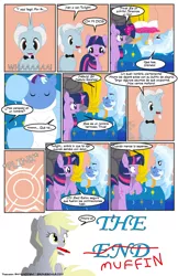 Size: 792x1224 | Tagged: safe, artist:dekomaru, artist:raimundo1941, derpibooru import, derpy hooves, trixie, twilight sparkle, oc, pony, comic, female, lesbian, magical lesbian spawn, offspring, parent:trixie, parent:twilight sparkle, parents:twixie, shipping, spanish, twixie