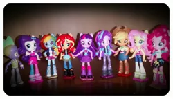 Size: 2540x1454 | Tagged: safe, artist:artking3000, derpibooru import, applejack, fluttershy, pinkie pie, rainbow dash, rarity, spike, starlight glimmer, sunset shimmer, twilight sparkle, equestria girls, boots, custom, doll, equestria girls minis, hat, humane five, humane seven, humane six, irl, merchandise, photo, shoes, toy