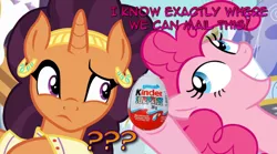 Size: 1366x762 | Tagged: safe, derpibooru import, edit, edited screencap, screencap, pinkie pie, saffron masala, pony, canterlot, dialogue, food, kinder egg, looking at each other, manip, toy