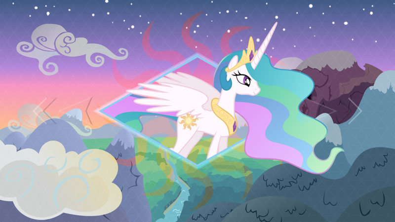 Size: 2560x1440 | Tagged: safe, artist:erockertorres, artist:killagouge, artist:laszlvfx, derpibooru import, edit, princess celestia, pony, cloud, crown, jewelry, regalia, smiling, solo, stars, vector, wallpaper, wallpaper edit