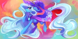 Size: 3464x1732 | Tagged: safe, artist:wilvarin-liadon, derpibooru import, trixie, pony, unicorn, cape, clothes, color porn, female, floppy ears, hat, impossibly long hair, impossibly long tail, long mane, long tail, looking at you, mare, raised hoof, smiling, solo, trixie's cape, trixie's hat