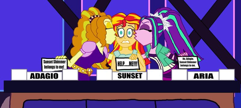 Size: 1331x599 | Tagged: safe, artist:ktd1993, derpibooru import, adagio dazzle, aria blaze, match game, sunset shimmer, equestria girls, cheeks, female, kiss on the cheek, kiss sandwich, kissing, lesbian, match game (game show), shipping, sunblaze, sunsagio, wide eyes