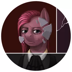 Size: 864x864 | Tagged: dead source, semi-grimdark, artist:pig-fish, derpibooru import, pinkie pie, earth pony, pony, bust, clothes, pinkamena diane pie, portrait, solo, surreal