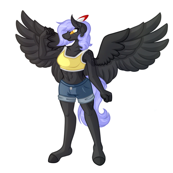 Size: 6000x6000 | Tagged: abs, absurd resolution, anthro, anthro oc, artist:amazing-artsong, clothes, derpibooru import, female, hoof feet, mare, oc, oc:cloudy night, pegasus, safe, shorts, short shirt, simple background, solo, spread wings, transparent background, unguligrade anthro, unofficial characters only, wings