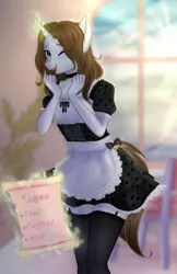 Size: 1611x2481 | Tagged: safe, artist:nikiri, derpibooru import, oc, oc:light landstrider, unofficial characters only, anthro, unicorn, apron, cafe, clothes, crossdressing, cute, femboy, innuendo, levitation, long mane, magic, maid, male, one eye closed, solo, stallion, sunrise, telekinesis, trap, waitress, wink