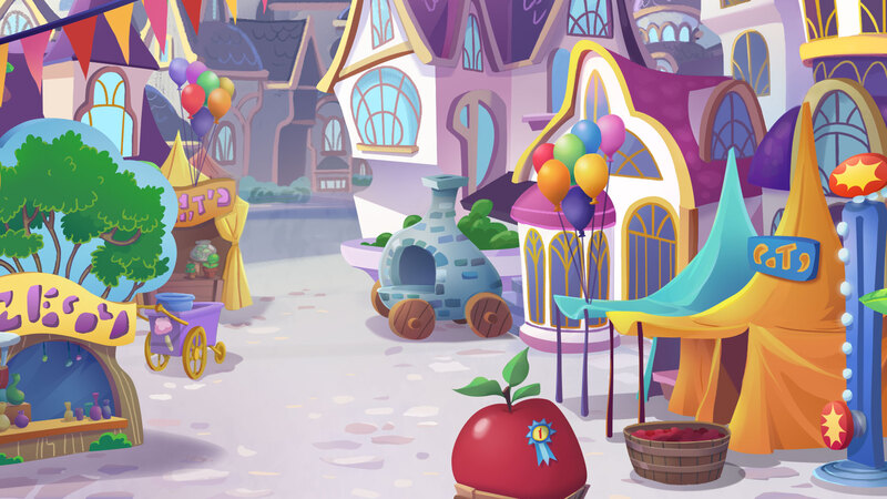 Size: 1920x1080 | Tagged: apple, background, balloon, blue ribbon, canterlot, derpibooru import, food, giant apple, my little pony: the movie, no pony, oven, safe, scenery, screencap, stone, stone oven, street, tent