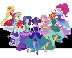 Size: 3000x2400 | Tagged: safe, artist:sketchysketchiness, derpibooru import, applejack, fluttershy, pinkie pie, rainbow dash, rarity, sci-twi, sunset shimmer, twilight sparkle, equestria girls, legend of everfree, bare shoulders, beautiful, clothes, crystal gala, dress, eyes closed, friends, gala dress, group, humane five, humane seven, humane six, pretty, simple background, sleeveless, smiling, strapless