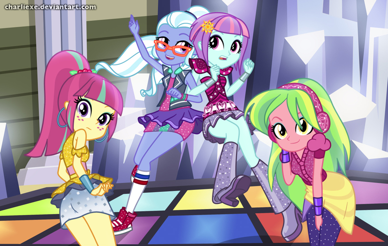 Size: 1346x854 | Tagged: safe, artist:charliexe, derpibooru import, lemon zest, sour sweet, sugarcoat, sunny flare, dance magic, equestria girls, spoiler:eqg specials, clothes, commission, converse, dance floor, ear piercing, earring, female, freckles, glasses, headphones, jewelry, leggings, open mouth, piercing, shoes, skirt, sneakers