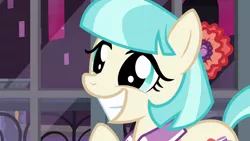Size: 1280x720 | Tagged: safe, derpibooru import, screencap, coco pommel, earth pony, pony, made in manehattan, cocobetes, cute, faic, female, grin, mare, smiling, solo, squee, window