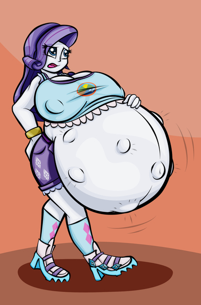 Size: 1250x1898 | Tagged: questionable, artist:funble, color edit, colorist:lurkerden, derpibooru import, edit, rarity, equestria girls, belly, big belly, big breasts, breasts, busty rarity, camp everfree outfits, clothes, colored, erect nipples, female, huge breasts, hyper, hyper pregnancy, impossibly large belly, impossibly large breasts, kicking, nipple outline, nipples, preggity, pregnant, shirt, shoes, shorts, solo, solo female