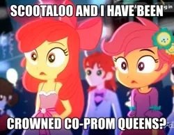 Size: 691x537 | Tagged: safe, derpibooru import, edit, edited screencap, screencap, apple bloom, nolan north, scootaloo, sophisticata, eqg summertime shorts, equestria girls, raise this roof, apple bloom's bow, bow, clothes, fall formal outfits, female, hair bow, image macro, implied lesbian, lesbian, meme, open mouth, scootabloom, shipping