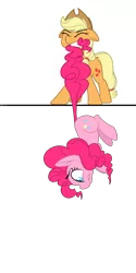 Size: 2000x4000 | Tagged: safe, artist:binkyt11, derpibooru import, applejack, pinkie pie, earth pony, pony, biting, breaking the fourth wall, dock, female, firealpaca, fireplace, floppy ears, fourth wall, frown, gritted teeth, hanging, mare, medibang paint, mouth hold, newbie artist training grounds, scared, simple background, tail bite, tail pull, transparent background, white background, wide eyes