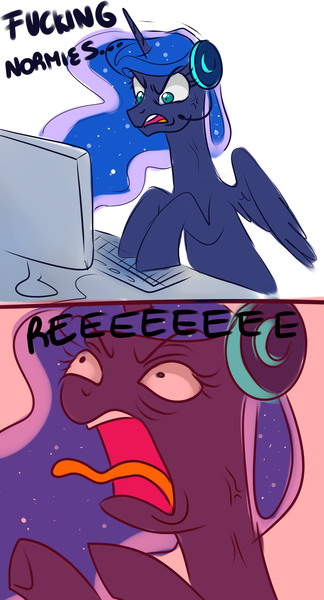 Size: 2973x5500 | Tagged: safe, artist:kaikururu, derpibooru import, princess luna, alicorn, pony, unicorn, gamer luna, angry, comic, computer, dialogue, female, gaming, headset, keyboard, mare, meme, open mouth, reeee, solo, tongue out, vulgar, yelling