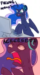 Size: 2973x5500 | Tagged: safe, artist:kaikururu, derpibooru import, princess luna, alicorn, pony, unicorn, gamer luna, angry, comic, computer, dialogue, female, gaming, headset, keyboard, mare, meme, open mouth, reeee, solo, tongue out, vulgar, yelling