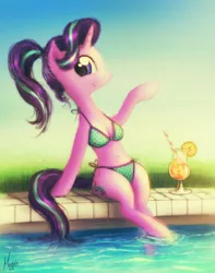 Size: 1200x1520 | Tagged: safe, artist:theflyingmagpie, derpibooru import, starlight glimmer, anthro, unguligrade anthro, unicorn, arm hooves, belly button, bikini, breasts, chestbreasts, clothes, cute, female, glimmerbetes, juice, mare, orange juice, ponytail, smiling, solo, swimming pool, swimsuit