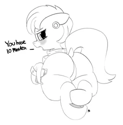 Size: 7114x7263 | Tagged: suggestive, artist:pabbley, derpibooru import, ms. harshwhinny, earth pony, pony, absurd resolution, annoyed, blushing, clothes, dialogue, dock, ear piercing, earring, featureless crotch, female, grayscale, jewelry, looking at you, looking back, looking back at you, monochrome, piercing, plot, prone, shirt, solo, solo female, underhoof