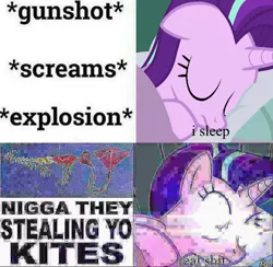 Size: 640x624 | Tagged: safe, derpibooru import, starlight glimmer, pony, unicorn, bed, deep fried meme, eyes closed, female, floppy ears, glowing eyes, glowing eyes meme, i sleep, kite, mare, meme, needs more jpeg, nigga, pillow, shaquille o'neal, sleeping, solo, that pony sure does love kites, vulgar