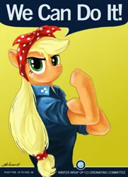 Size: 608x839 | Tagged: applejack, artist:silver-dt, clothes, derpibooru import, female, flexing, headscarf, hilarious in hindsight, motivational poster, propaganda poster, rosie the riveter, safe, scarf, semi-anthro, simple background, solo, we can do it!, world war ii, yellow background