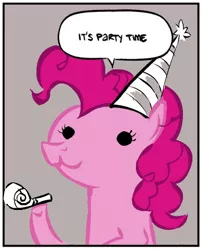 Size: 345x425 | Tagged: safe, artist:enshou, derpibooru import, party time, pinkie pie, earth pony, pony, :3, artifact, hat, nedroid, parody, party cat, party hat, party horn, solo