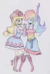 Size: 1163x1718 | Tagged: safe, artist:marta4708, derpibooru import, applejack, rainbow dash, equestria girls, appledash, armpits, boots, clothes, dancing, dress, eyes closed, female, lesbian, shipping, shoes, traditional art