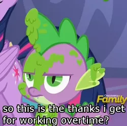 Size: 488x485 | Tagged: abuse, alicorn, angry, annoyed, cropped, derpibooru import, disappointed, dragon, edit, edited screencap, image macro, mashed peas, meme, overtime, rock-a-bye bivalve, safe, screencap, spike, spikeabuse, spongebob squarepants, twilight sparkle, twilight sparkle (alicorn)