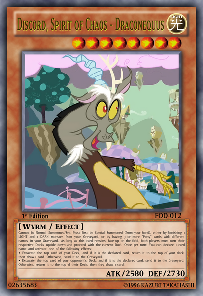 Size: 813x1185 | Tagged: card game, chaos, cloud, cotton candy, cotton candy cloud, derpibooru import, discord, discorded landscape, draconequus, edit, edited screencap, food, ponyville, safe, screencap, solo, tcg editor, trading card edit, yu-gi-oh!, yugioh card