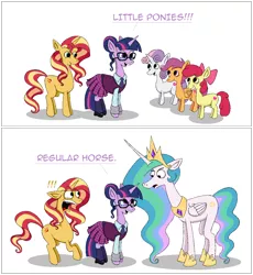 Size: 1214x1321 | Tagged: safe, artist:hellarmy, derpibooru import, apple bloom, princess celestia, sci-twi, scootaloo, sunset shimmer, sweetie belle, twilight sparkle, ponified, alicorn, earth pony, pegasus, pony, unicorn, equestria girls, clothes, comic, cutie mark crusaders, equestria girls ponified, faic, female, glasses, jaw drop, mare, ms paint, princess celestia is a horse, school uniform, shocked, simple background, this will end in tears and/or a journey to the moon, unicorn sci-twi