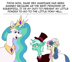 Size: 700x599 | Tagged: safe, artist:hellarmy, derpibooru import, bon bon, lyra heartstrings, princess celestia, sweetie drops, alicorn, earth pony, pony, unicorn, alicorn drama, angry, are you fucking kidding me, are you serious, bitchlestia, clothes, dialogue, drama, dress, engrish, evil, evil celestia, female, gay marriage, hat, homophobia, how dare you?, imminent revenge, imminent revolution, lesbian, lyrabon, mare, marriage, mouthpiece, out of character, politics, racism, recep tayyip erdoğan, satire, shipping, simple background, suit, this will end in protest, this will not end well, top hat, tyrant celestia, wedding, wedding dress, white background