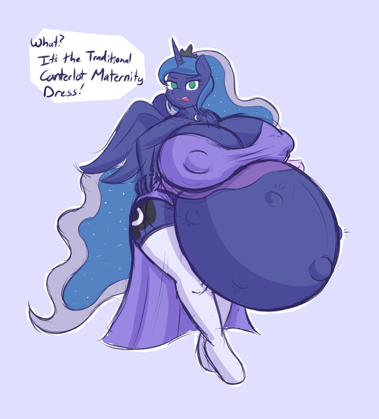 Size: 1704x1882 | Tagged: anthro, artist:funble, belly, belly button, big breasts, blushing, breasts, clothes, derpibooru import, dress, huge breasts, hyper, hyper pregnancy, impossibly large belly, impossibly large breasts, kicking, kneesocks, pregluna, pregnant, princess luna, questionable, socks, unguligrade anthro