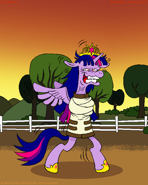 Size: 535x669 | Tagged: safe, artist:hellarmy, derpibooru import, twilight sparkle, twilight sparkle (alicorn), alicorn, pony, bondage, crown, female, insanity, jewelry, mare, regalia, solo, straitjacket, twilight snapple