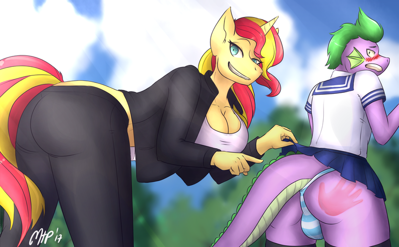 Size: 2100x1300 | Tagged: anthro, artist:mina-the-pie, ass, bent over, blushing, breasts, bunset shimmer, busty sunset shimmer, cleavage, clothes, crossdressing, derpibooru import, dragon, dragonbutt, girly, looking at you, looking back, looking back at you, panties, questionable, school uniform, spank mark, spike, sunset shimmer, underwear, wide eyes